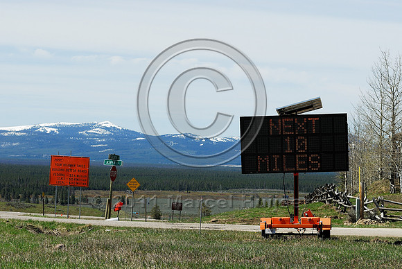 Animals on roadway, Next 10 miles, Use caution, variable message sign, US Hwy 191, West Yellowstone, MT