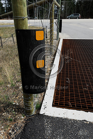 Rubber strips at a wildlife guard installed to make it more difficult for deer (Odocoileus spp.) to walk across the concrete ledge and access the highway, near Stevensville, Montana, USA