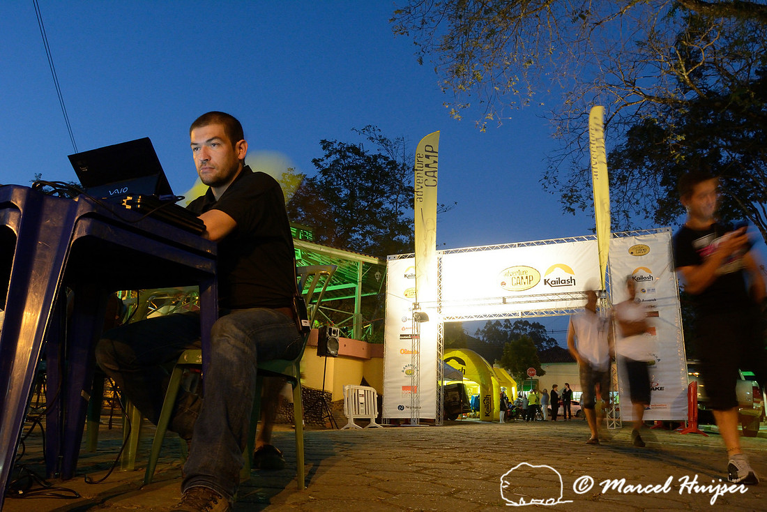 “Gamba” Luiz Antônio prepares for the Adventure Race instructions the evening before the race, São Francisco Xavier, São Paulo, Brazil