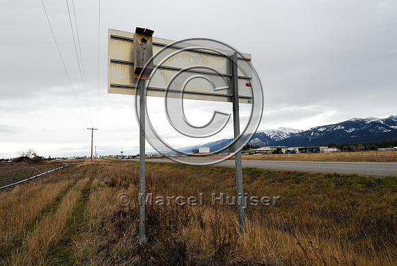 Nestbox behind roadsign, Ronan, Montana