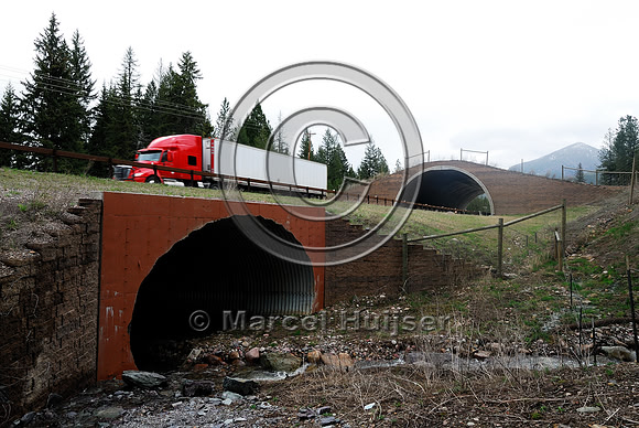 Wildlife underpass (foreground) and overpass (background), Flathead Indian Reservation, near Evaro, Montana, USA