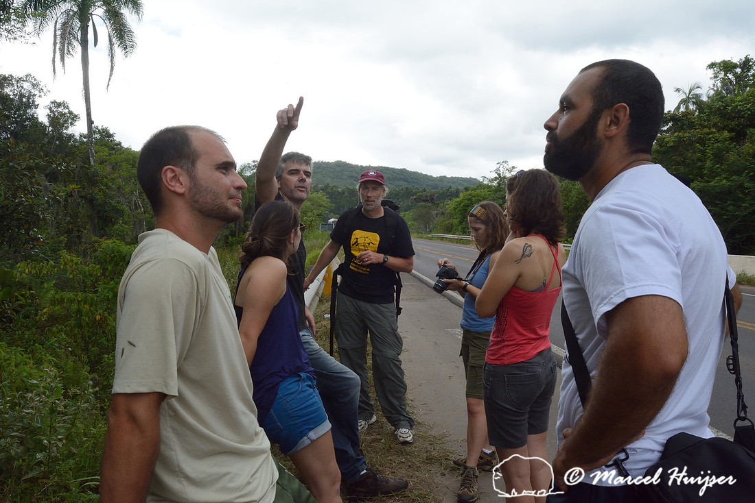 Road ecology researchers in the field. From left to right Igor Pfeifer Coelho, Júlia Beduschi, Andreas Kindel, Fernanda Zimmermann Teixeira, Paula Pinheiro, and Diogenes Borges Machado, RS-486, Reserv