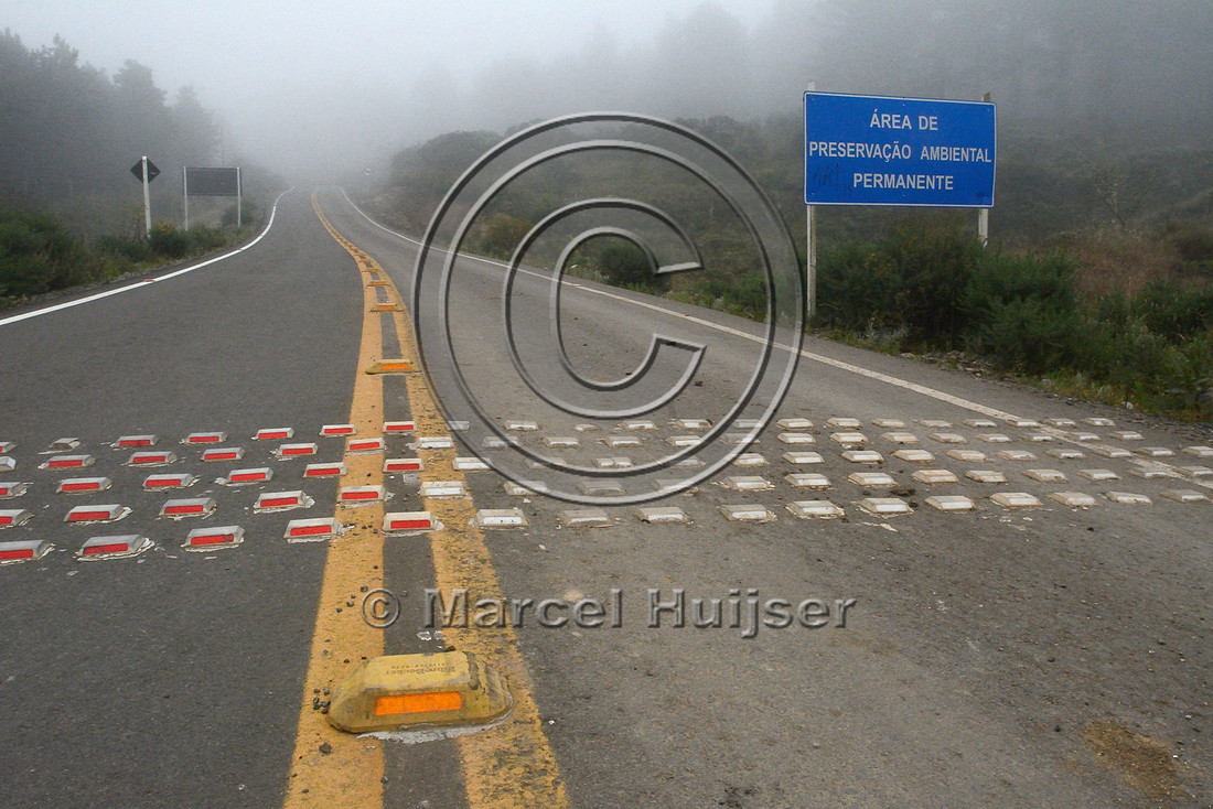 Speed bump intended to reduce vehicle speed on a road through a nature reserve, Parque Nacional de Aparados da Serra, east of Cambará do Sul, Rio Grande do Sul, Brazil