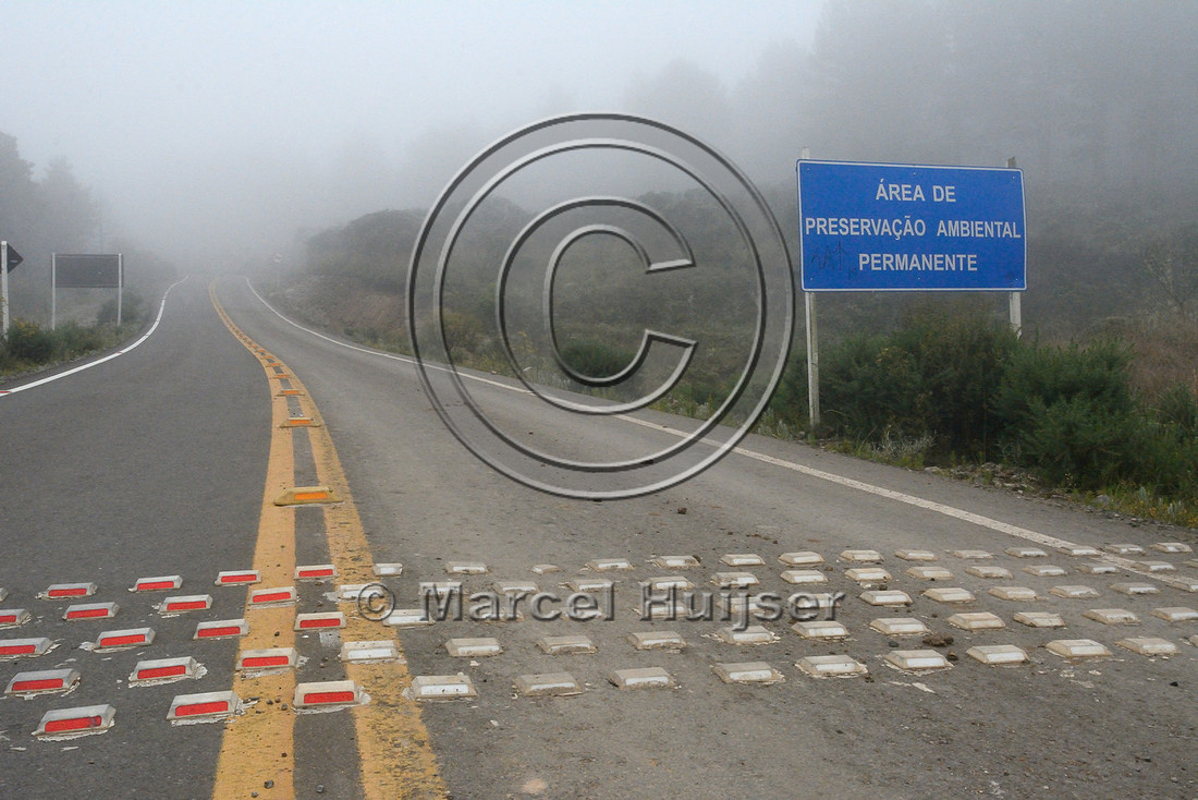 Speed bump intended to reduce vehicle speed on a road through a nature reserve, Parque Nacional de Aparados da Serra, east of Cambará do Sul, Rio Grande do Sul, Brazil