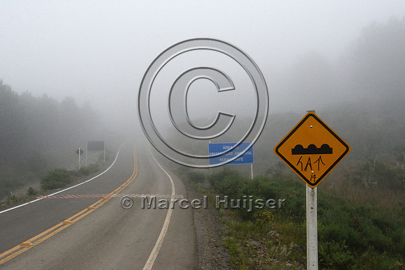 Speed bump intended to reduce vehicle speed on a road through a nature reserve, Parque Nacional de Aparados da Serra, east of Cambará do Sul, Rio Grande do Sul, Brazil