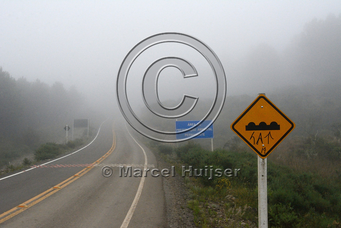 Speed bump intended to reduce vehicle speed on a road through a nature reserve, Parque Nacional de Aparados da Serra, east of Cambará do Sul, Rio Grande do Sul, Brazil