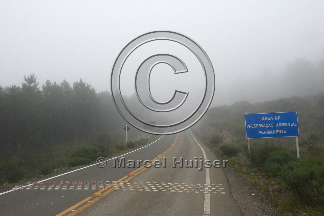 Speed bump intended to reduce vehicle speed on a road through a nature reserve, Parque Nacional de Aparados da Serra, east of Cambará do Sul, Rio Grande do Sul, Brazil
