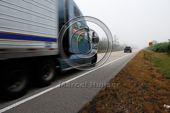Permanently flashing wildlife warning sign (panther crossing next 7 miles) with rumble strips, SR 29, Florida, USA
