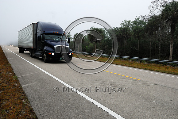 Permanently flashing wildlife warning sign (panther crossing next 7 miles) with rumble strips, SR 29, Florida, USA