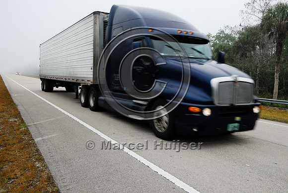 Permanently flashing wildlife warning sign (panther crossing next 7 miles) with rumble strips, SR 29, Florida, USA