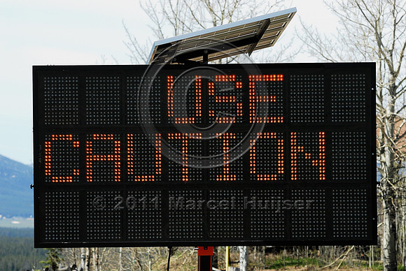 Animals on roadway, Next 10 miles, Use caution, variable message sign, US Hwy 191, West Yellowstone, MT