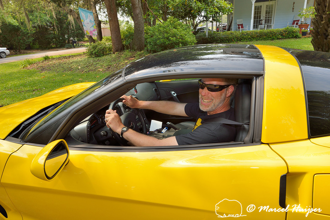 Marcel Huijser and a yellow Chevrolet Corvette, Florida, USA