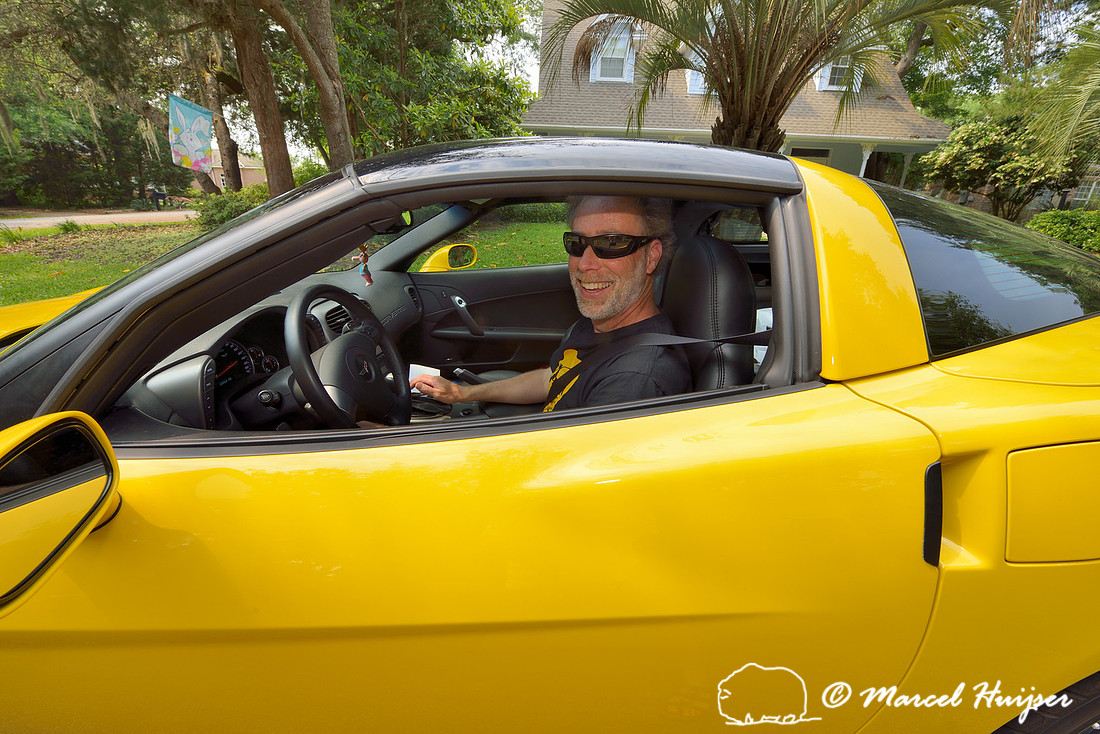 Marcel Huijser and a yellow Chevrolet Corvette, Florida, USA