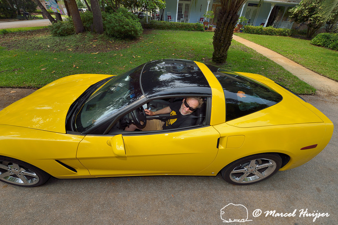 Marcel Huijser and a yellow Chevrolet Corvette, Florida, USA