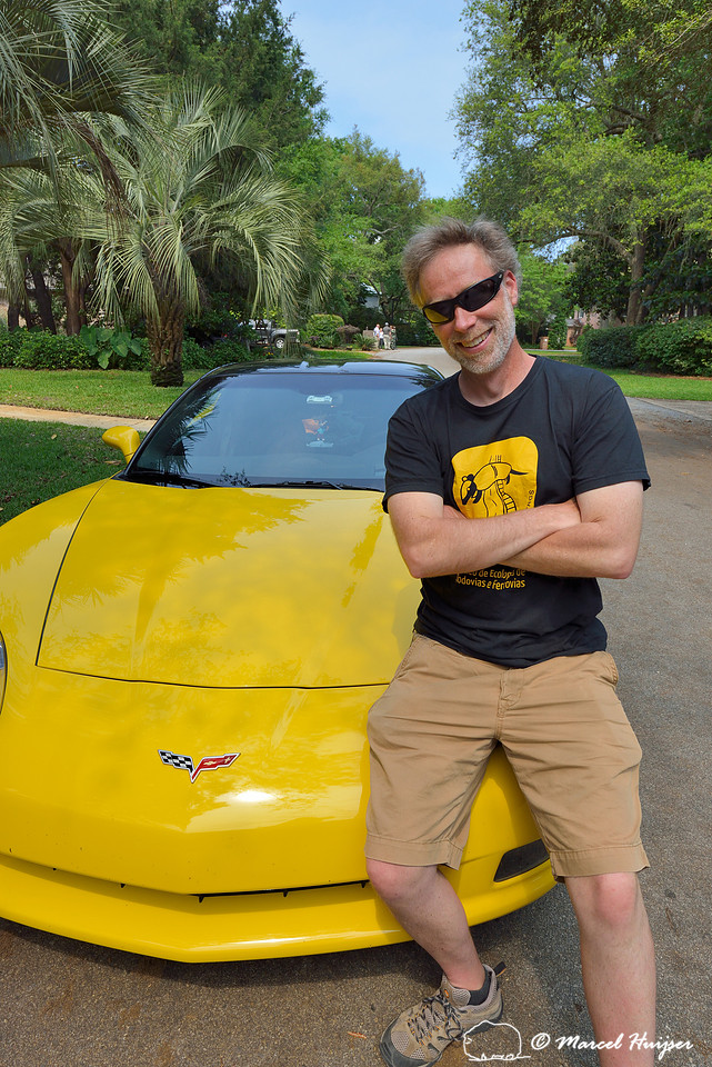 Marcel Huijser and a yellow Chevrolet Corvette, Florida, USA