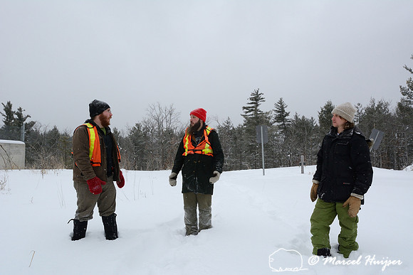 Sean, James and Davis on top of wildlife overpass, Hwy 69, Ontario, Canada