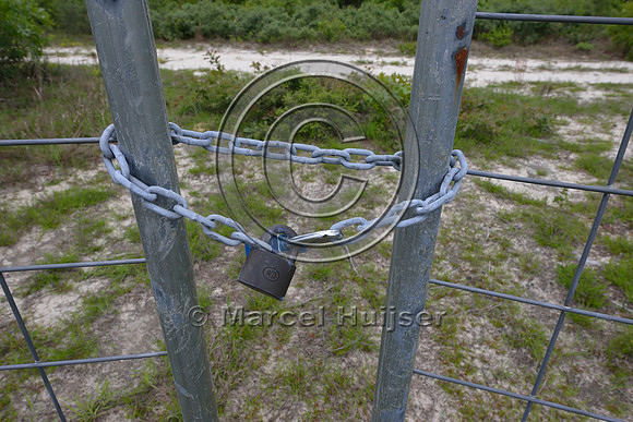 Locked gate where access road crosses a wildlife fence line, Hwy 331, Hwy 83 near Freeport, Florida, USA