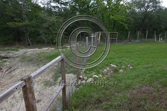 Riprap at wildlife fence to reduce erosion at wildlife underpass, Hwy 331, Hwy 83 near Freeport, Florida, USA