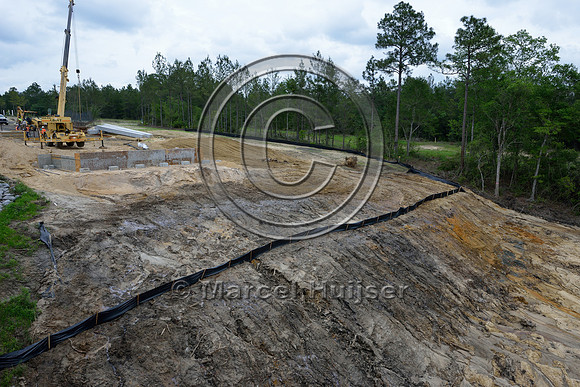 Anti-erosion fabric at construction site of new bridge in association with highway widening (4 lanes to 2 lanes), Hwy 331, Hwy 83 near Freeport, Florida, USA