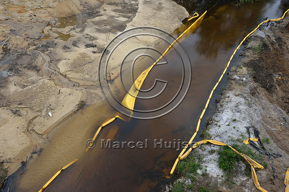 Erosion control at stream at construction of new bridge in association with highway widening (4 lanes to 2 lanes), Hwy 331, Hwy 83 near Freeport, Florida, USA