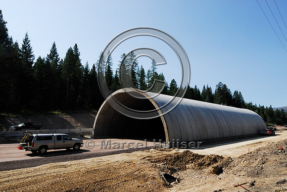 Wildlife overpass  "animals' bridge" under construction, US Hwy 93, Flathead Indian Reservation, near Evaro, Montana, USA