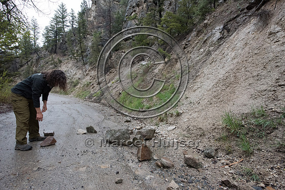 Rockfall on a dirt road after heavy precipitation, Montana, USA