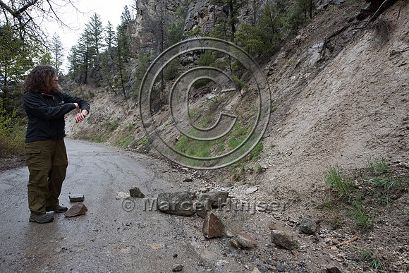 Rockfall on a dirt road after heavy precipitation, Montana, USA