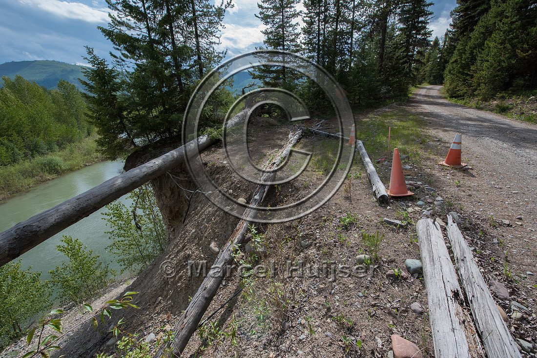 The North Fork of the Flathead river erodes river bank and adjac