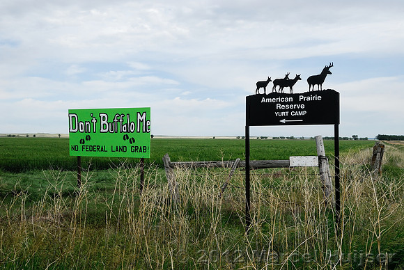 Road sign American Prairie Reserve Yurt camp, near Sun Prairie, Montana, USA