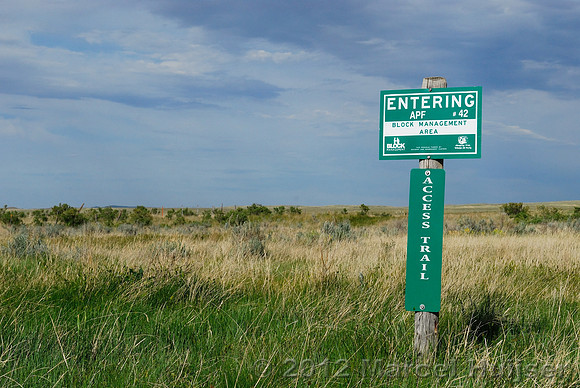 Road sign, entering APF, block management area, access trail, American Prairie Reserve, near Sun Prairie, Montana, USA
