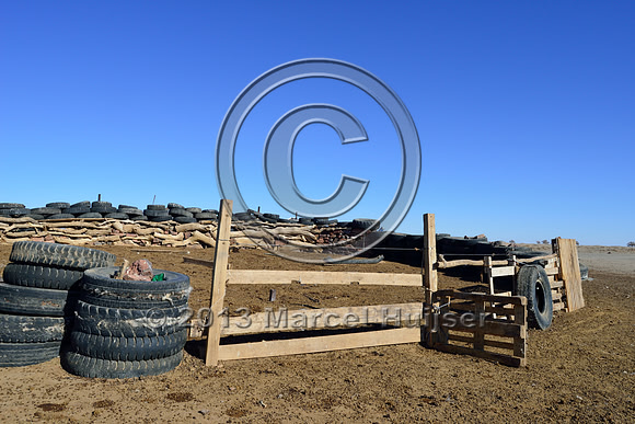 Livestock corral at winter camp of nomadic livestock herders, Gobi, Mongolia