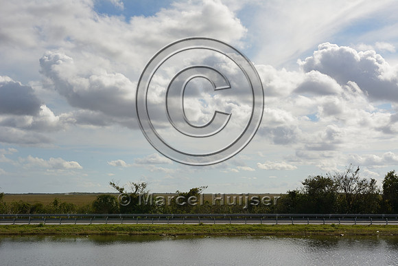Unmitigated section of the Tamiami Trail (US Hwy 41) blocking sheet flow from north to south in this section of the Everglades ecosystem, near Shark Valley, Florida, USA