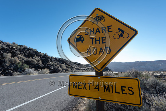 Warning sign, share the road, for Mojave desert tortoise (Gopher