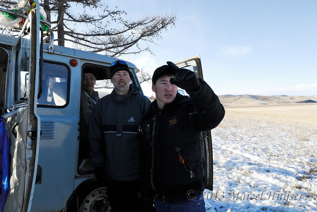 Nara, Marcel and Yogi discuss how the Mongolian gazelles might move and where Marcel should set up his camera, along Onon river, near Norovlin, Khentii, Mongolia