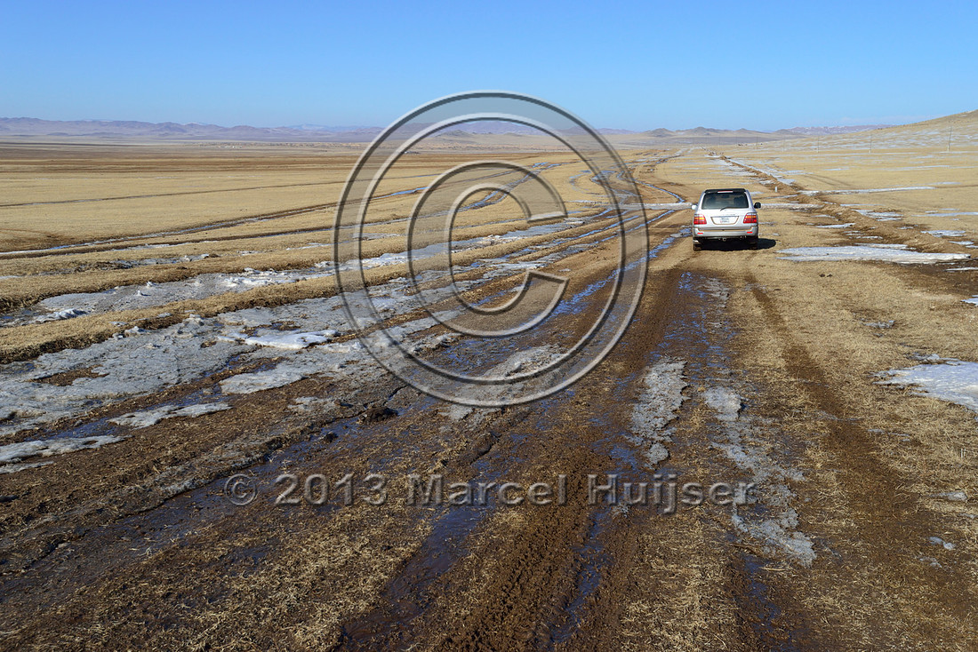 Car on dirt road (parallel two tracks) just north of Khustain Nuruu National Park, Mongolia