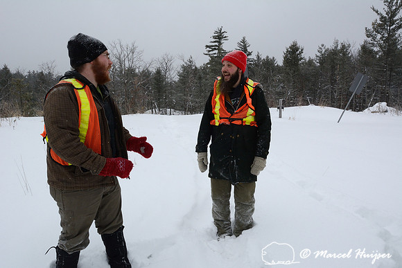 Sean and James on top of wildlife overpass, Hwy 69, Ontario, Canada