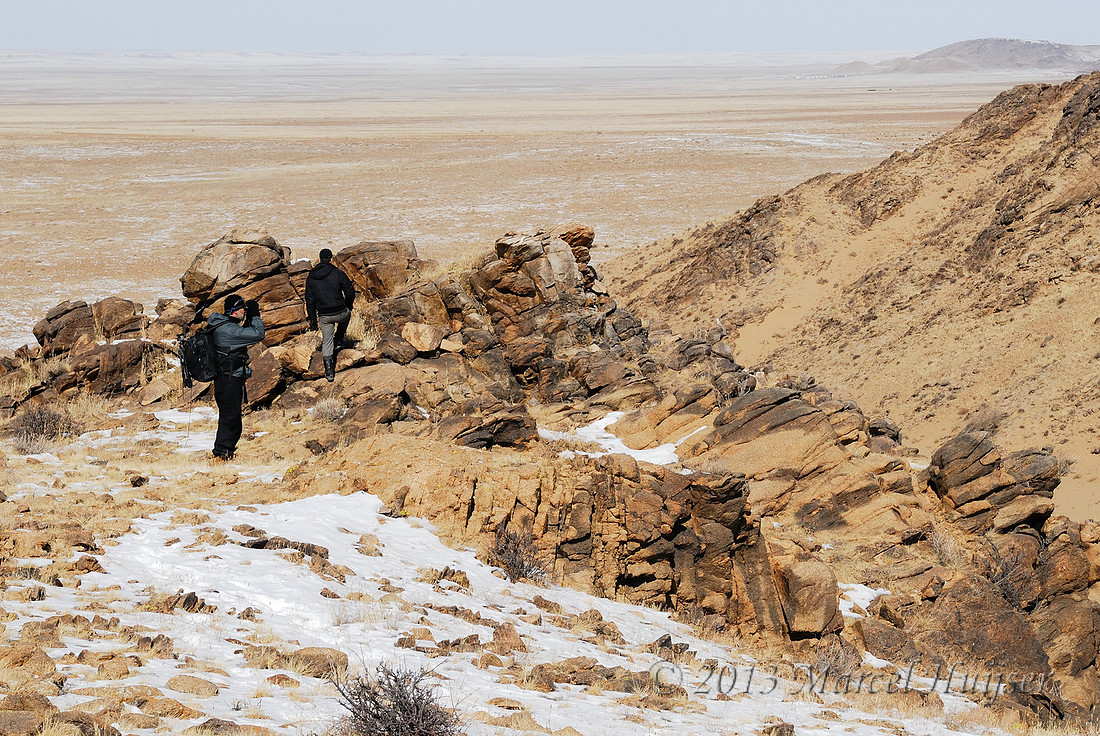 Marcel and Yogi search the landscape for wildlife, Ikh Nart Nature Reserve, Dornogovi, Mongolia