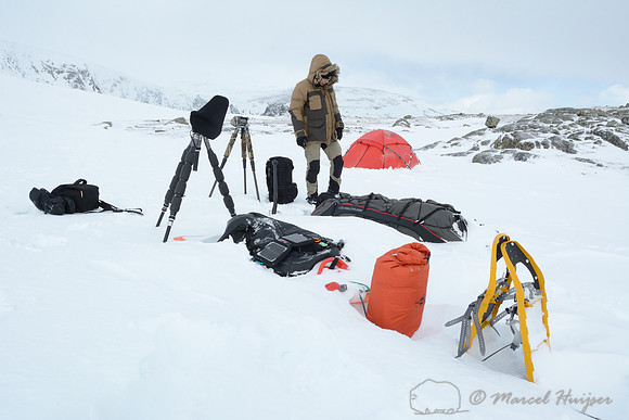 The making of the muskoxen images, Base camp after a snow storm, Dovrefjell National Park, Norway