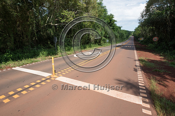Rumble strips and cones in a speed reduction zone for wildlife, Puerto Iguazú, Parque Nacional Iguazú, Misiones, Argentina