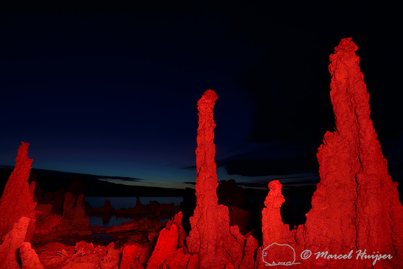 Tufas illuminated with red light, South Tufa area, Mono Lake, California, USA