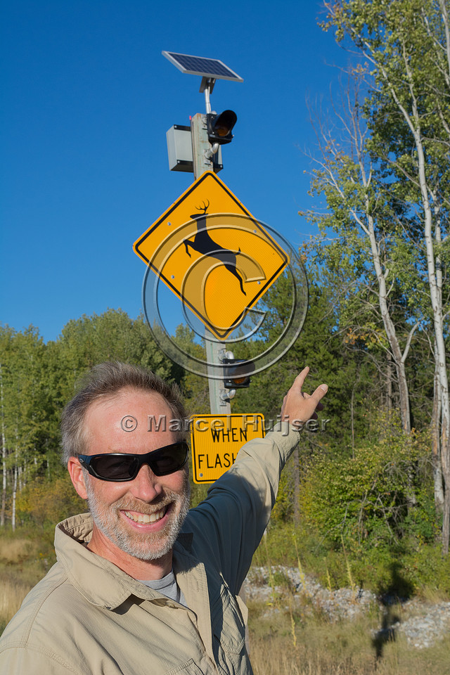 Marcel Huijser at animal detection system on frontage road next