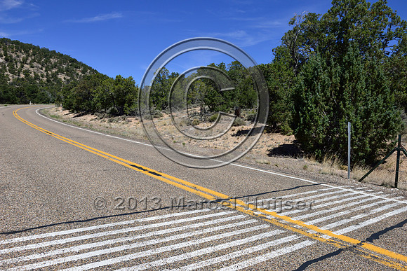 Painted stripes on pavement as a virtual cattle guard, Hwy 89A, east of Jacob Lake, Arizona, USA