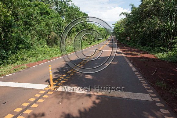 _DSC6942 Rumble strips and cones in a speed reduction zone for wildlife, Puerto Iguazú, Parque Nacional Iguazú, Misiones, Argentina