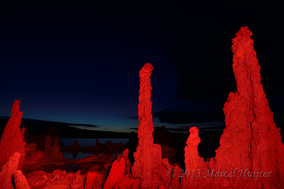 Tufas illuminated with red light, South Tufa area, Mono Lake, California, USA