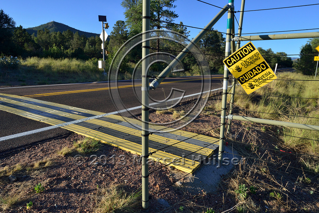 Electric mat (CrossTek™) associated with an animal detection and driver warning system at a fence end, S.R. 260 east of Payson, Arizona, USA