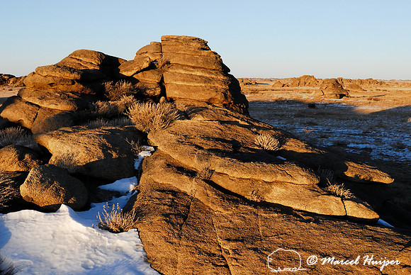 Rocky outcrops at sunset, Ikh Nart Nature Reserve, Dornogovi, Mongolia