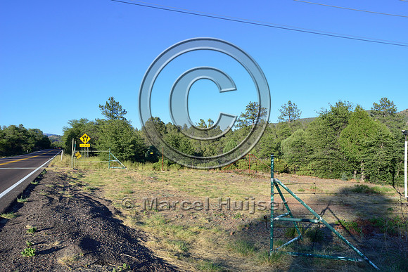 The detection zone or crossing areas associated with an animal detection and driver warning system at a fence end, S.R. 260 east of Payson, Arizona, USA