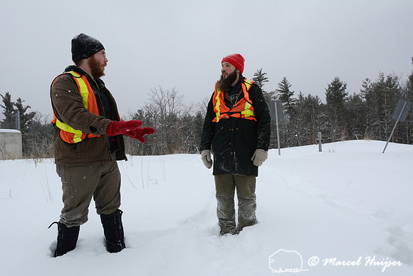 Sean and James on top of wildlife overpass, Hwy 69, Ontario, Canada