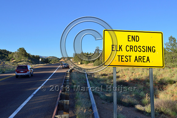 Sign, end elk crossing test area, animal detection and driver warning system, S.R. 260 east of Payson, Arizona, USA