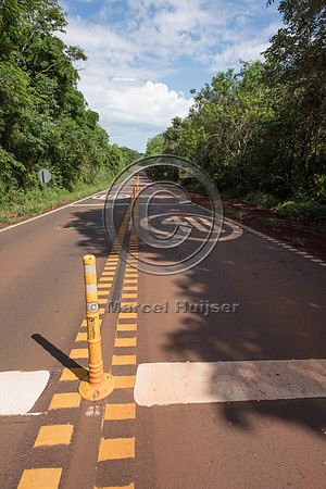 _DSC6942 Rumble strips and cones in a speed reduction zone for wildlife, Puerto Iguazú, Parque Nacional Iguazú,-Misiones,-Argentina